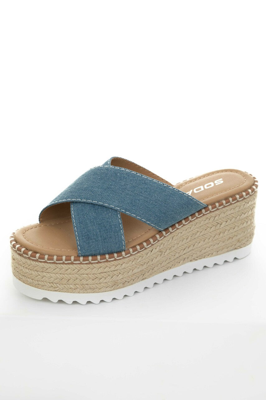 Women's Blue Denim Strap Espadrille Platform Sandals - Size 6