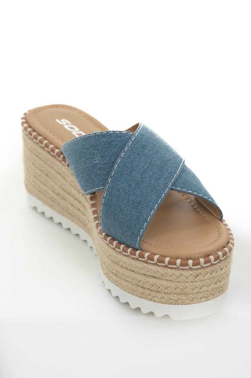 Women's Blue Denim Strap Espadrille Platform Sandals - Size 6