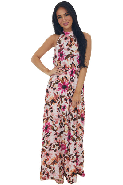 Blush Floral Print Halter Neck Maxi Dress