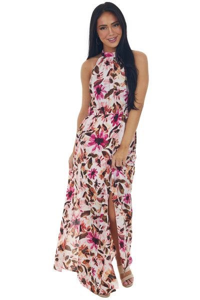 Blush Floral Print Halter Neck Maxi Dress