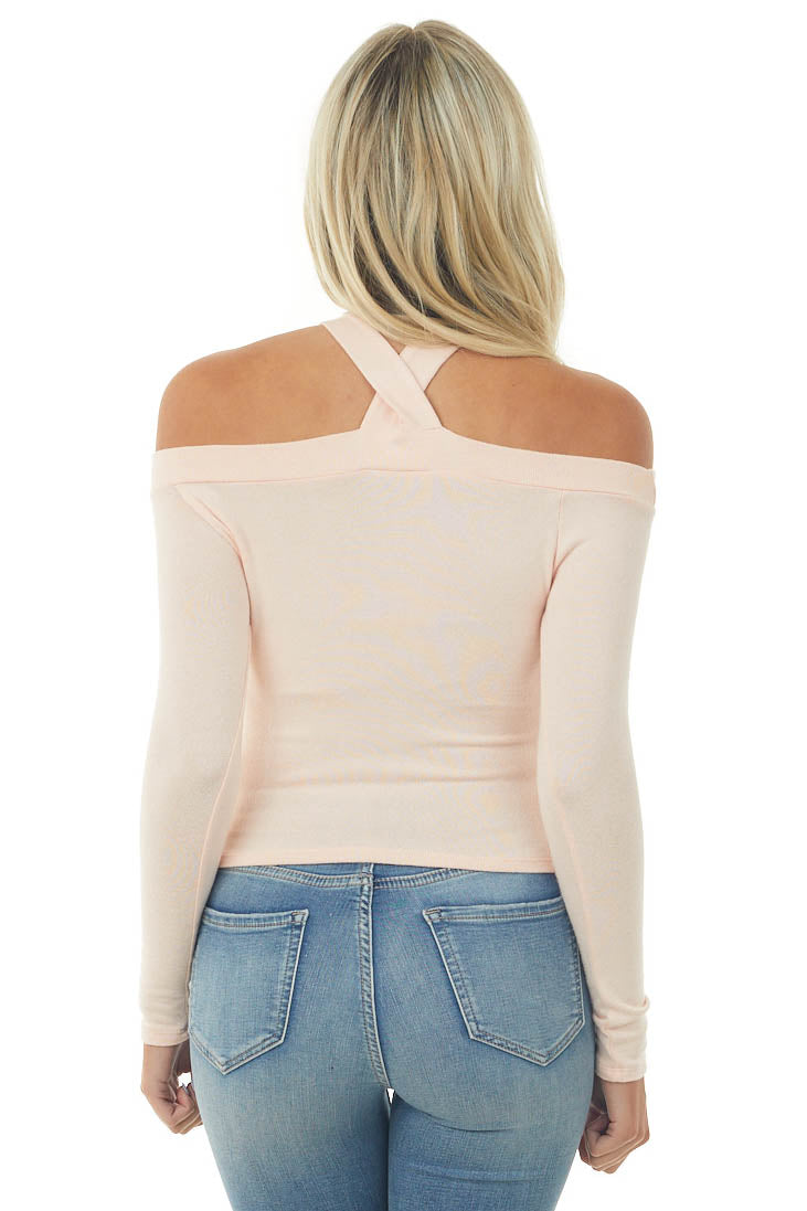 Blush Halter Neck Long Sleeve Crop Top with Cold Shoulders