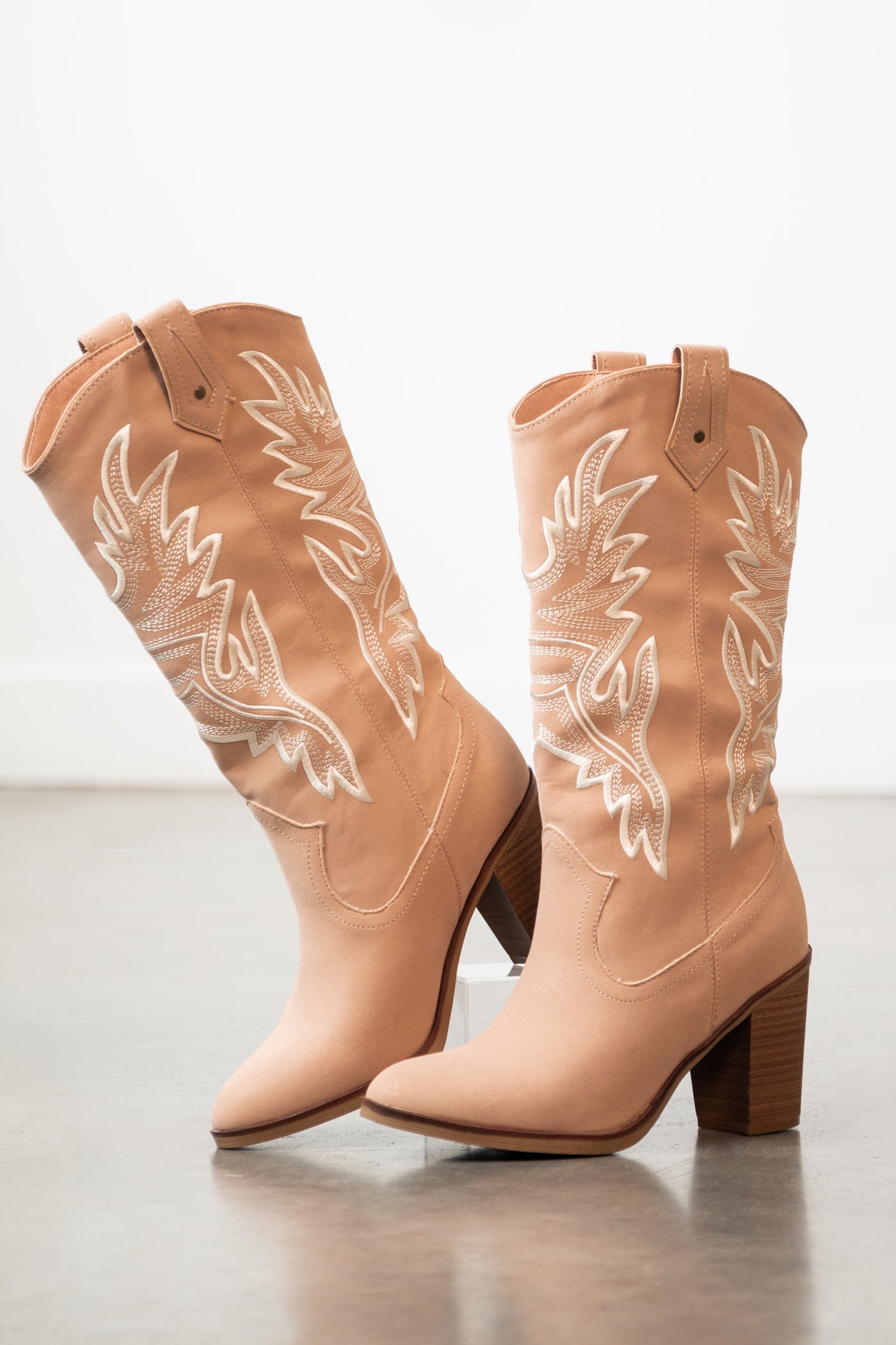 Blush Nubuck Embroidered Western Style Boots