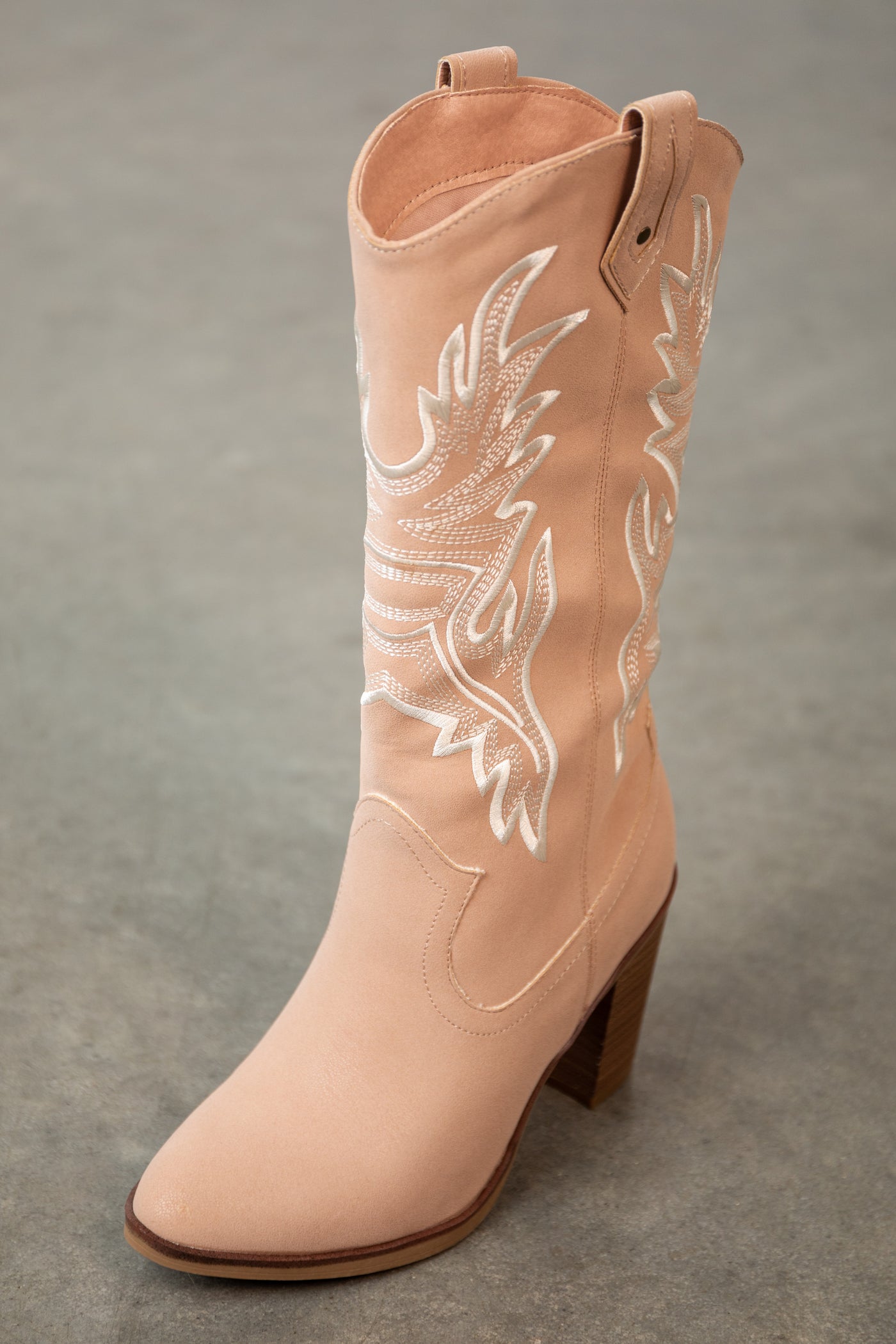 Blush Nubuck Embroidered Western Style Boots