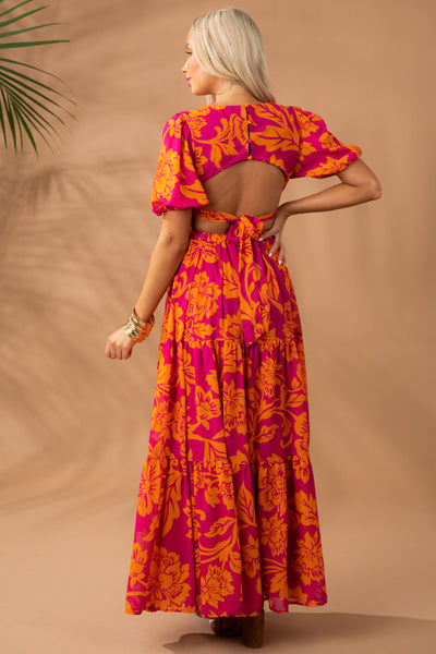 Boysenberry Floral Print Side Cut Out Maxi Dress