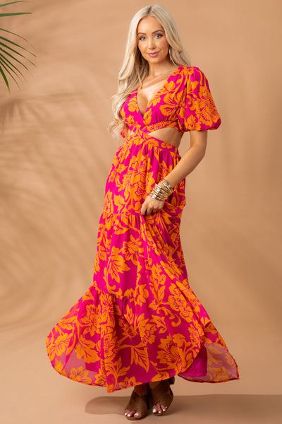 Boysenberry Floral Print Side Cut Out Maxi Dress