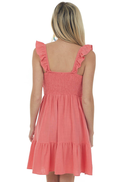 Bright Coral Ruffle Dress with Elastic Waist