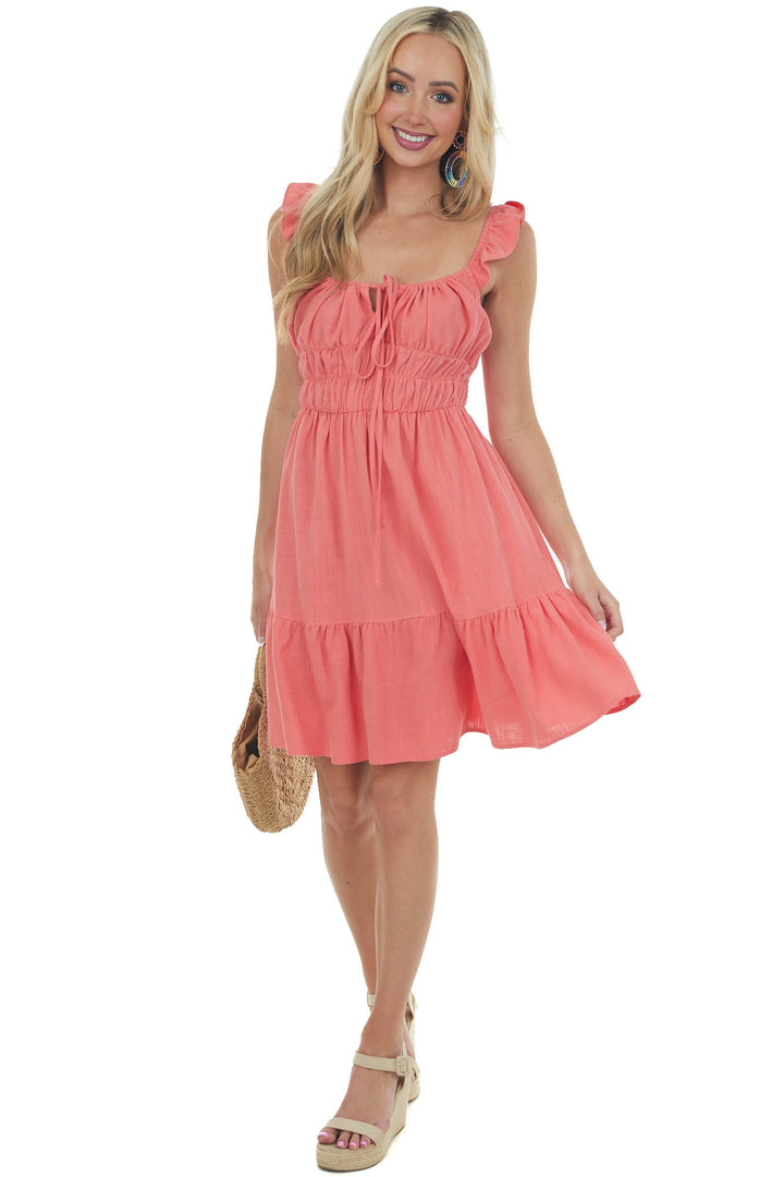 Bright Coral Ruffle Dress with Elastic Waist