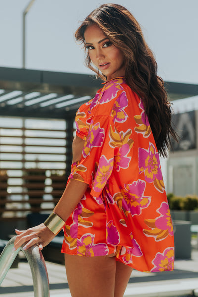 Bright Fire Floral Satin Shirt and Shorts 3 Piece Set