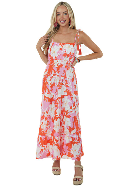 Bright Fire Floral Sleeveless Tiered Maxi Dress