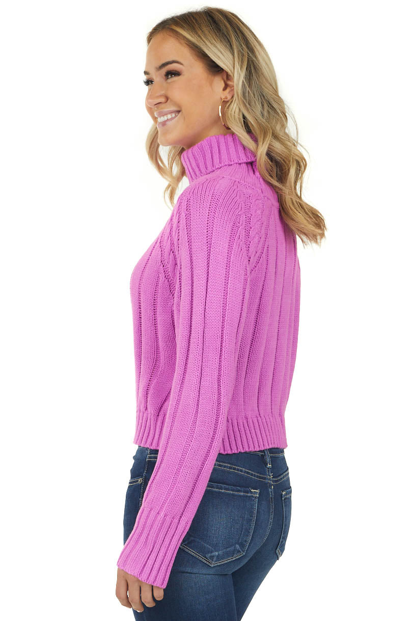 Bright Orchid Cropped Ribbed Cable Knit Sweater