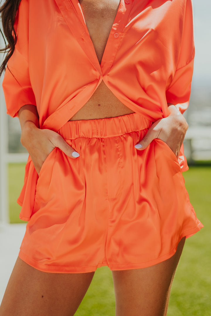 Bright Papaya Satin Button Shirt and Shorts Set