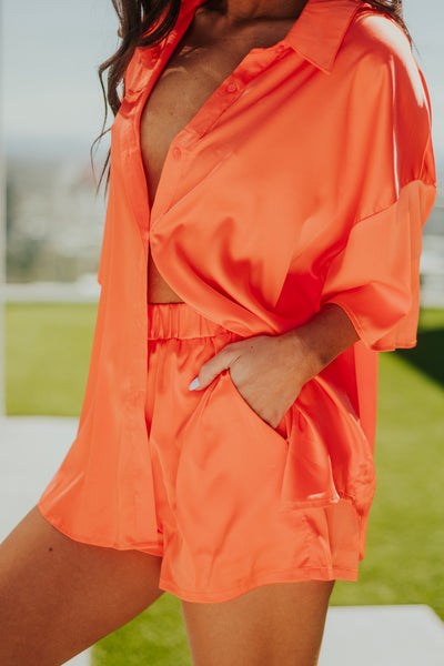 Bright Papaya Satin Button Shirt and Shorts Set