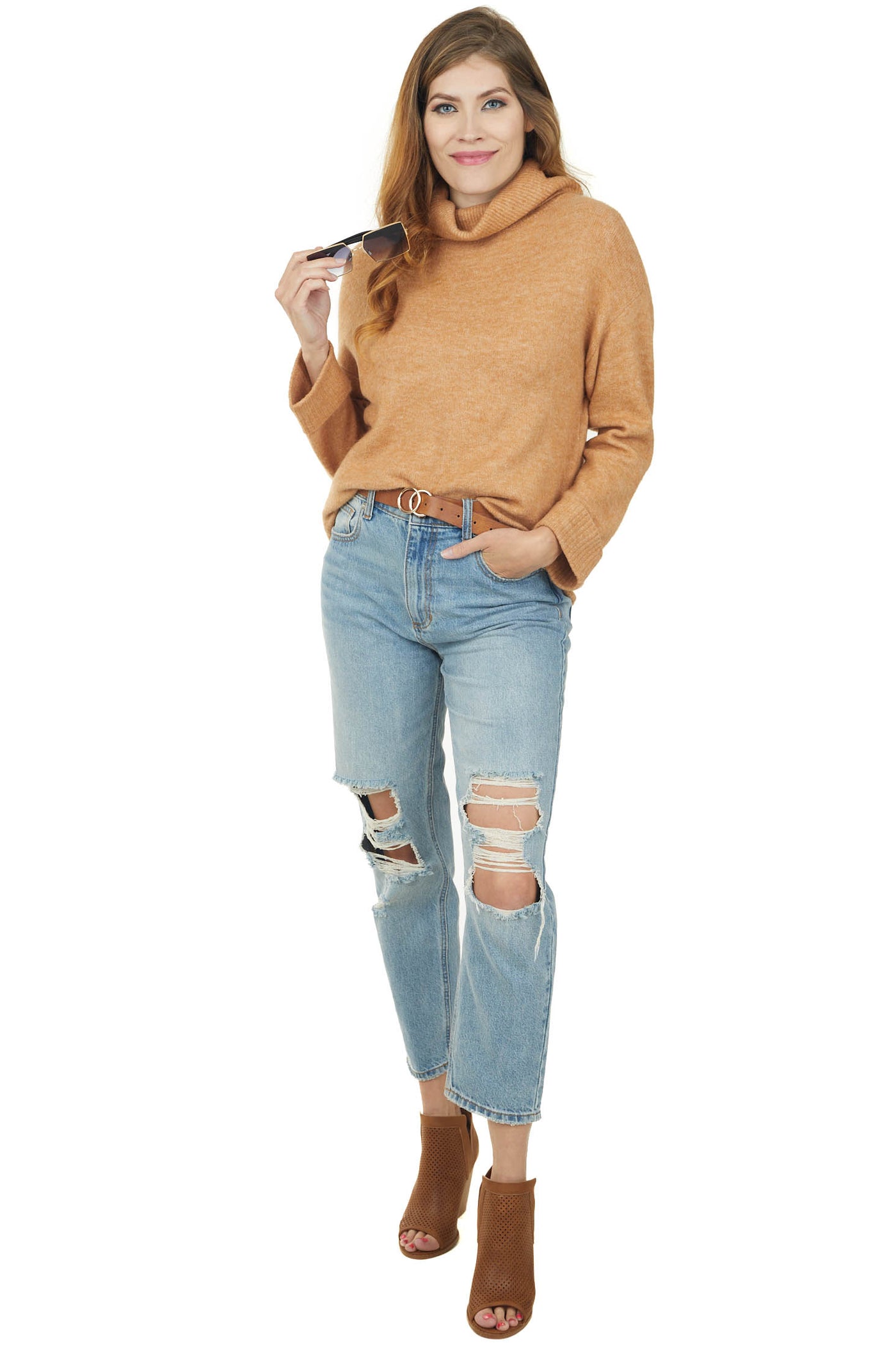Brown Sugar Neck Long Sleeve Knit Sweater