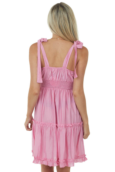Bubblegum Shoulder Tie Strap Ruffle Tiered Dress