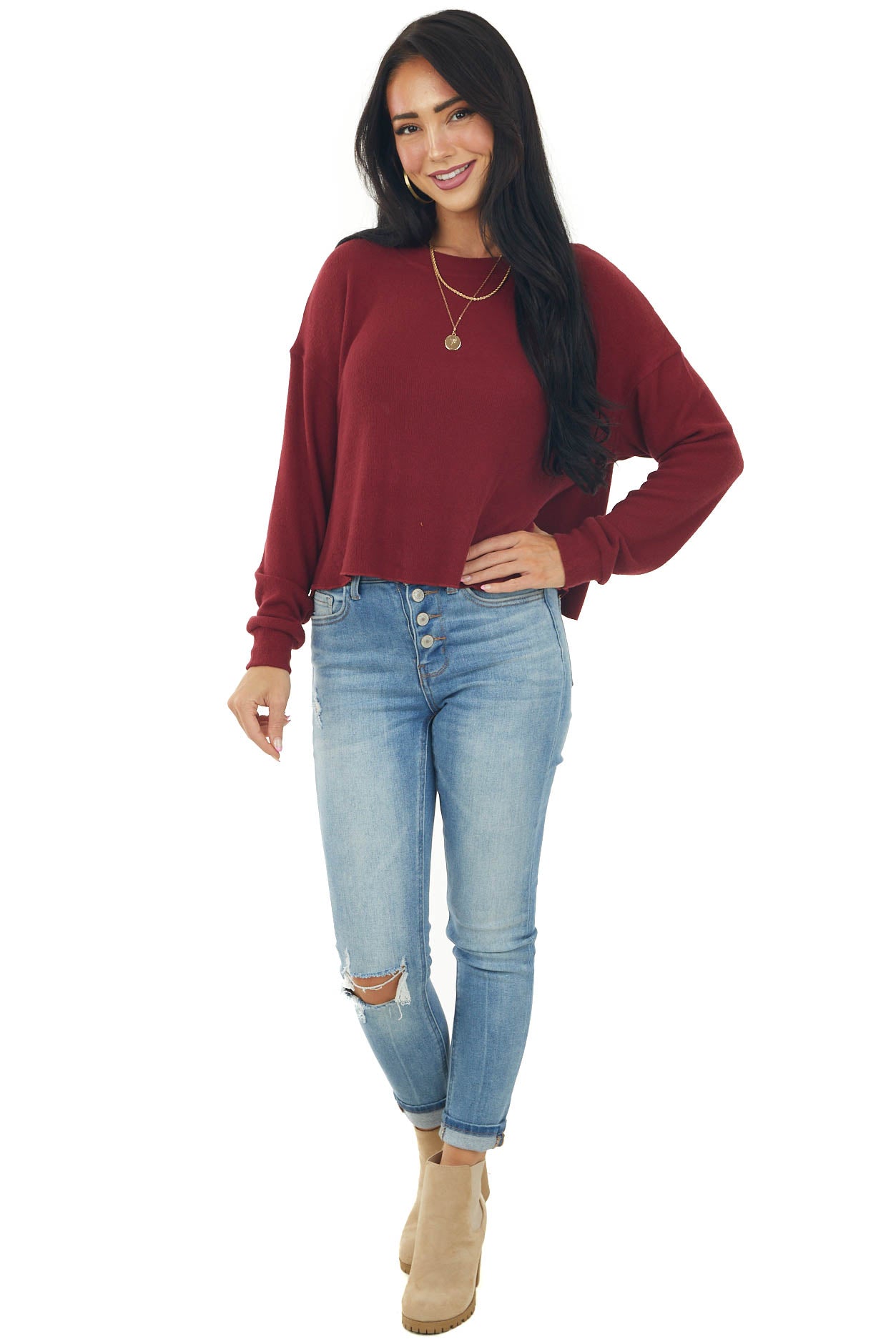 Burgundy Soft Ribbed Knit Long Sleeve Top