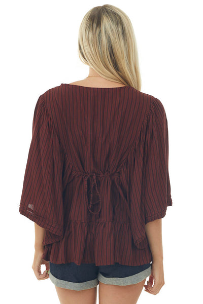 Burgundy Striped Angel Sleeve Tiered Woven Top