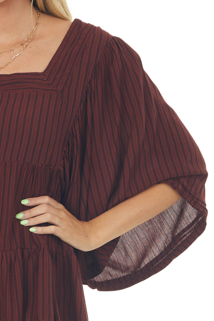 Burgundy Striped Angel Sleeve Tiered Woven Top
