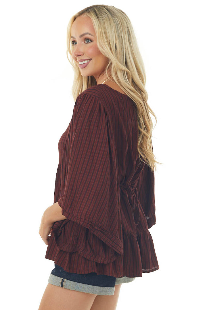 Burgundy Striped Angel Sleeve Tiered Woven Top