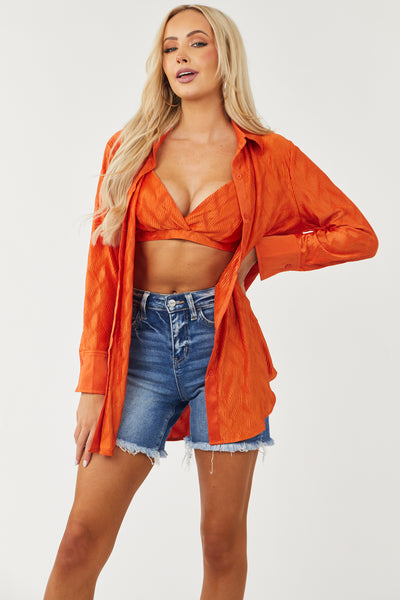 Burnt Orange Crinkle Woven Shirt and Bra Set