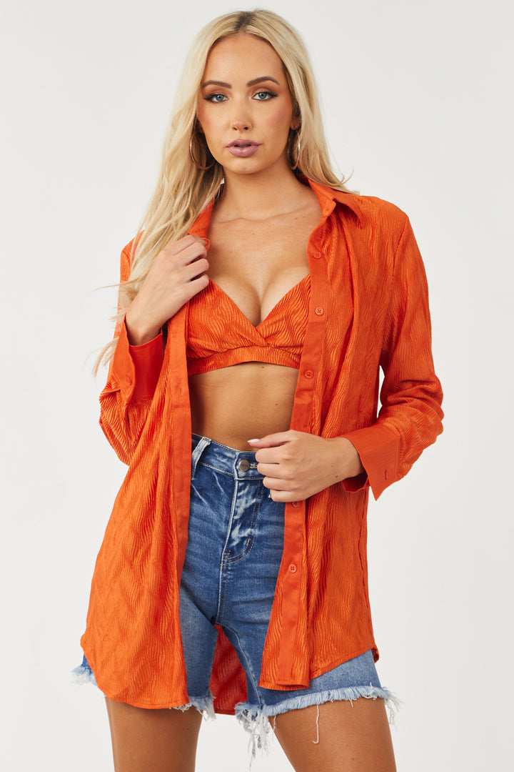 Burnt Orange Crinkle Woven Shirt and Bra Set