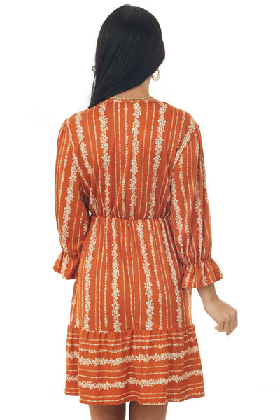 Burnt Orange Floral Print Surplice Short Dress