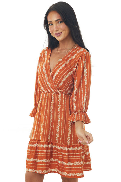 Burnt Orange Floral Print Surplice Short Dress