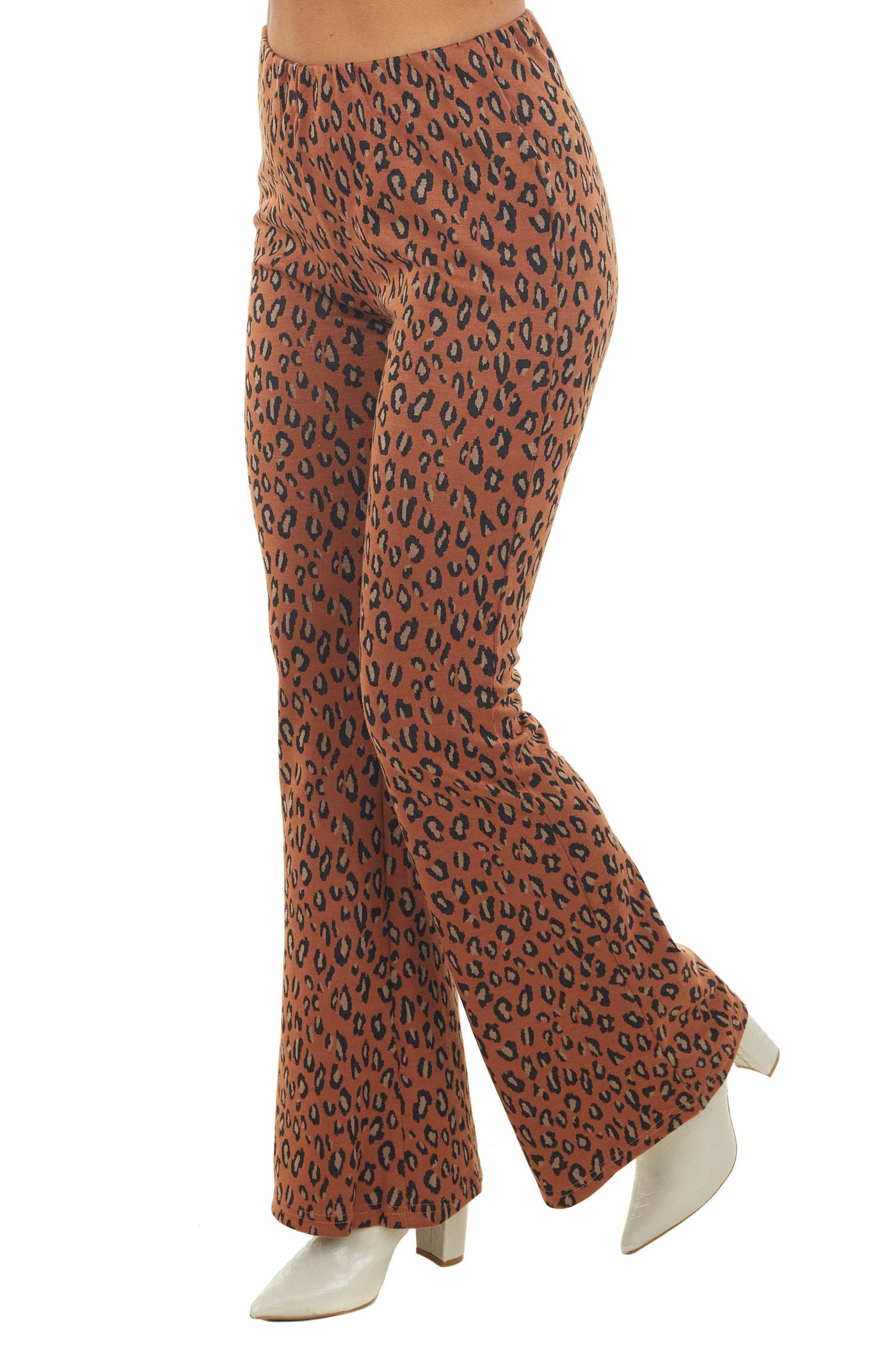 Burnt Orange Leopard Print Knit Flare Pants