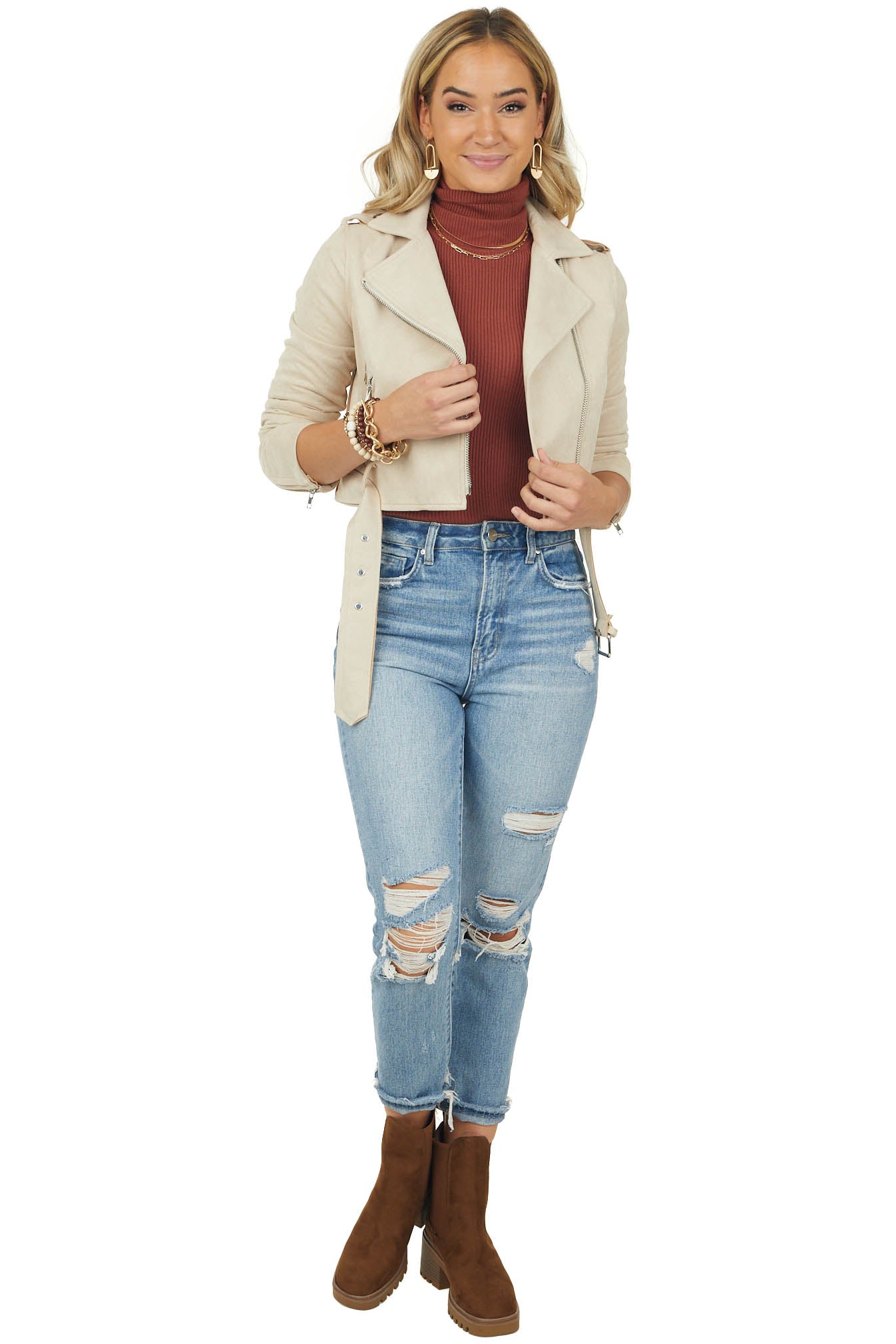 Camel Faux Suede Zip Up Cropped Moto Jacket