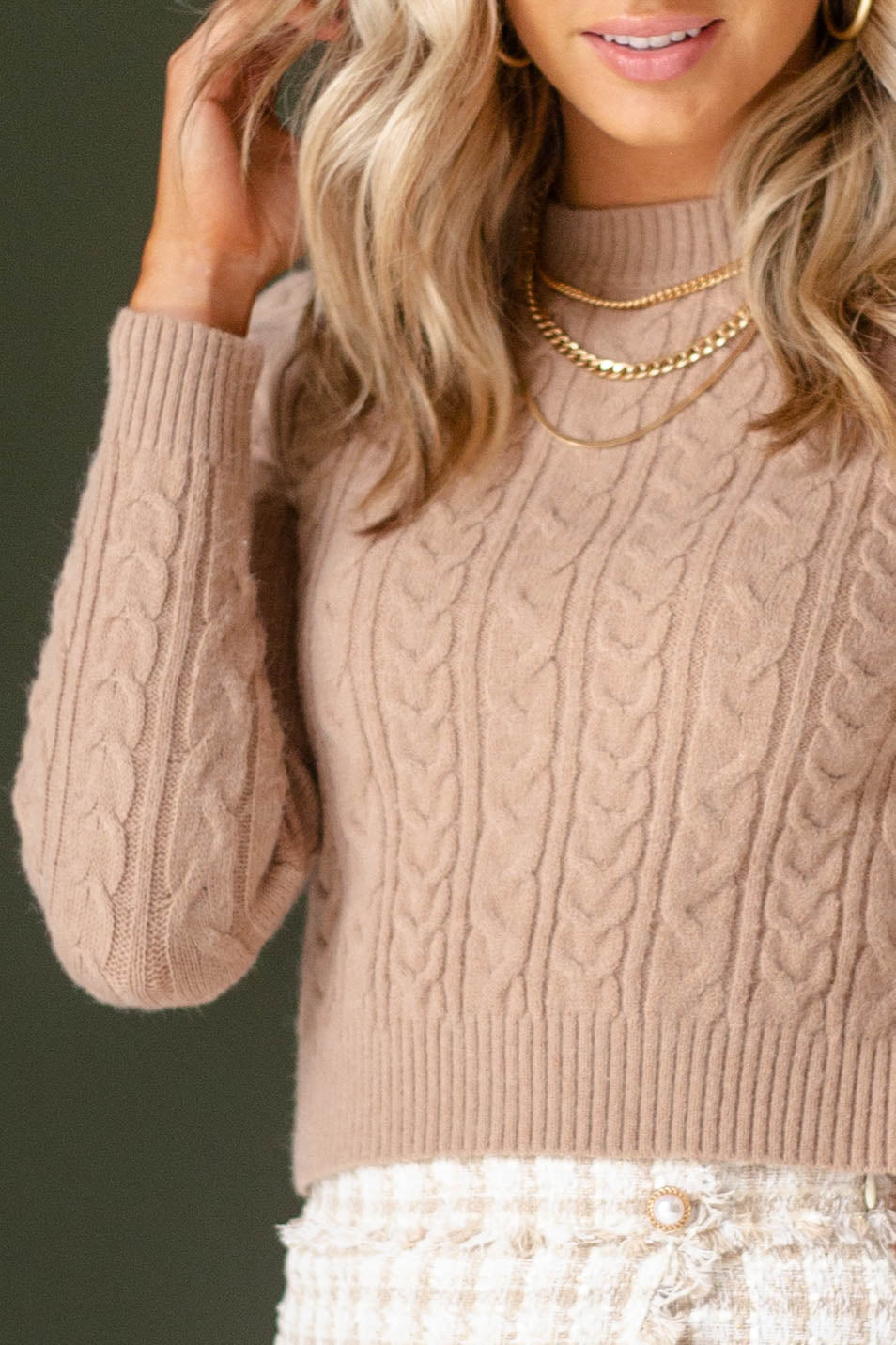 Camel Fitted Cable Knit Sweater
