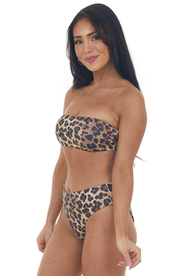 Camel Leopard Print Seamless Bandeau Bikini Swimsuit Set