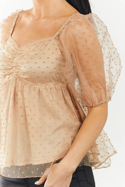 Camel Swiss Dot Puff Sleeve Sweetheart Blouse
