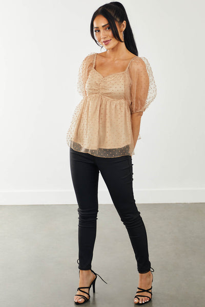 Camel Swiss Dot Puff Sleeve Sweetheart Blouse