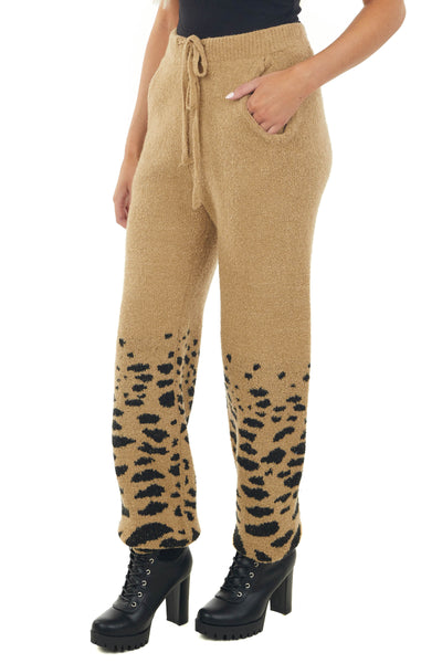 Camel and Black Leopard Fuzzy Knit Sweatpants