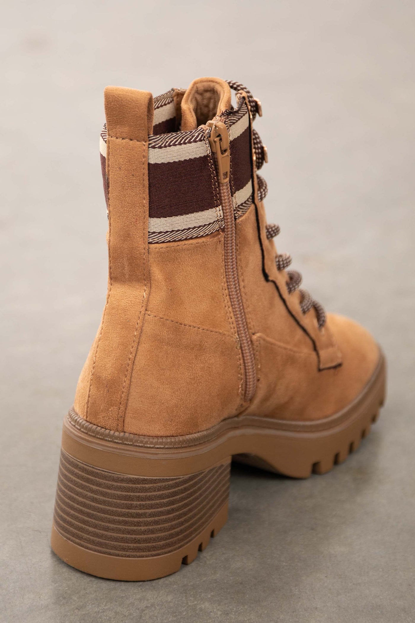 Camel Faux Suede Lace Up Lug Sole Booties