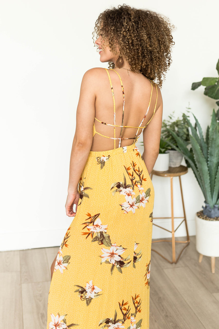 Canary Yellow Floral and Polka Dot Print Maxi Dress
