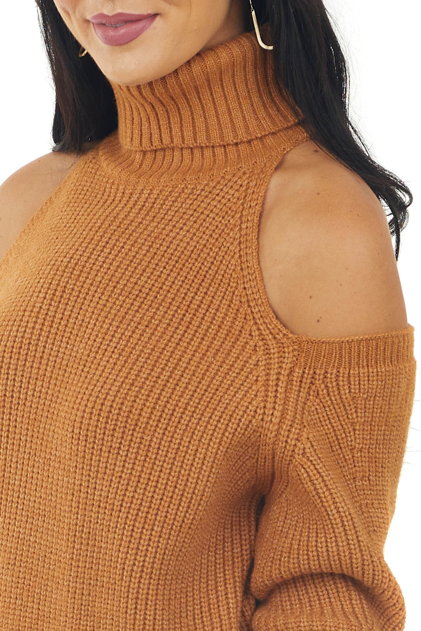 Caramel Cold Shoulder Turtleneck Knit Sweater