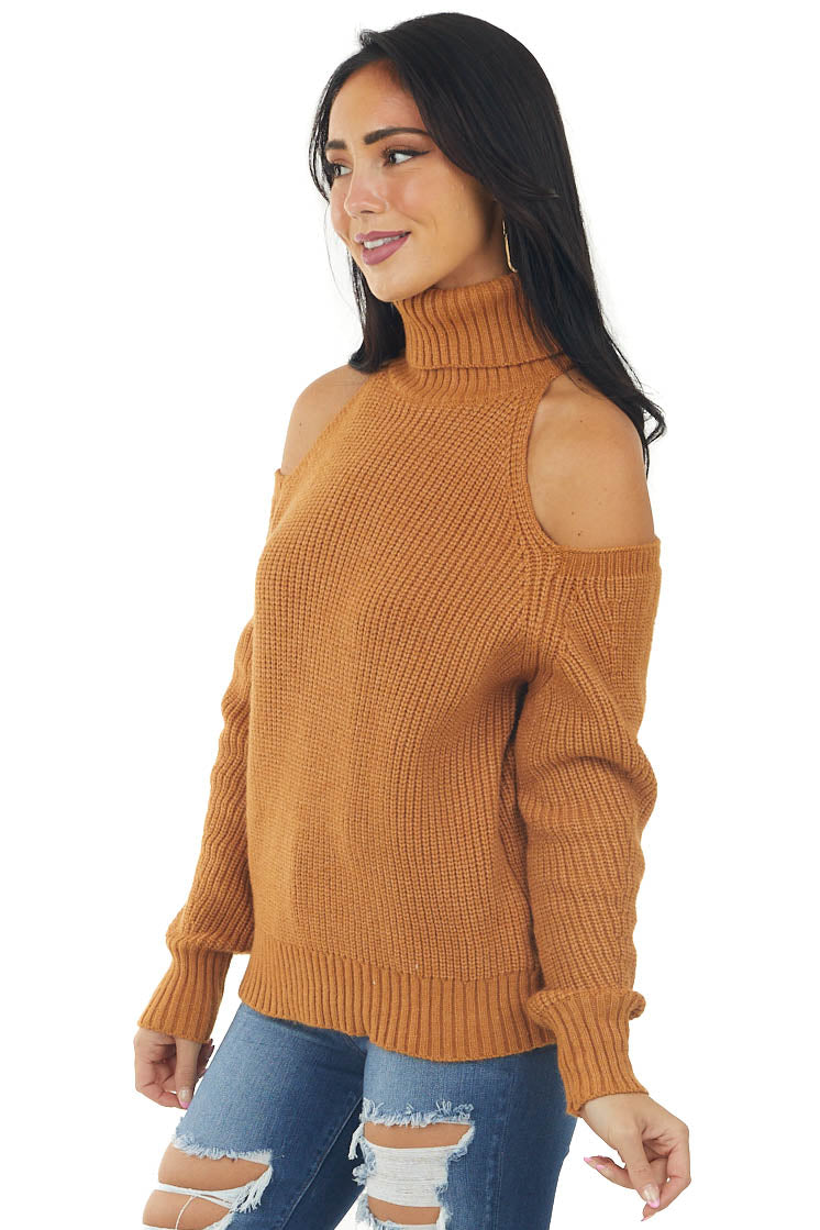Caramel Cold Shoulder Turtleneck Knit Sweater