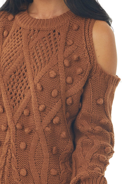 Caramel Crochet Cold Shoulder Pom Pom Sweater