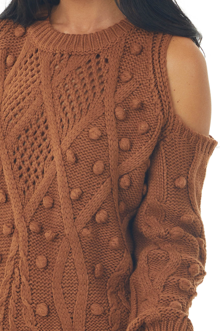 Caramel Crochet Cold Shoulder Pom Pom Sweater