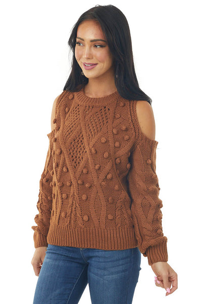 Caramel Crochet Cold Shoulder Pom Pom Sweater