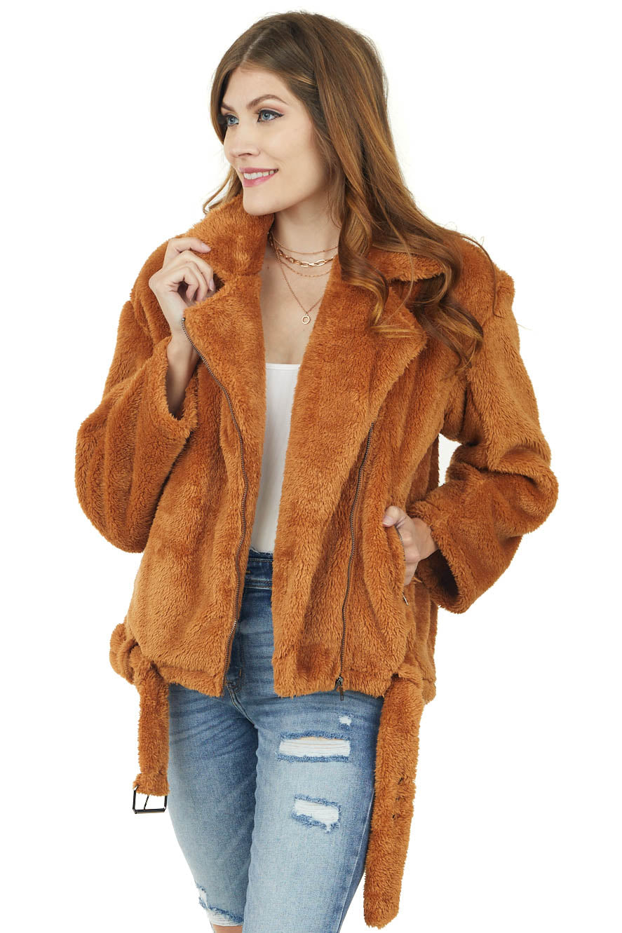 Caramel Faux Fur Zip Up Jacket with Belt Detail Lime Lush Boutique