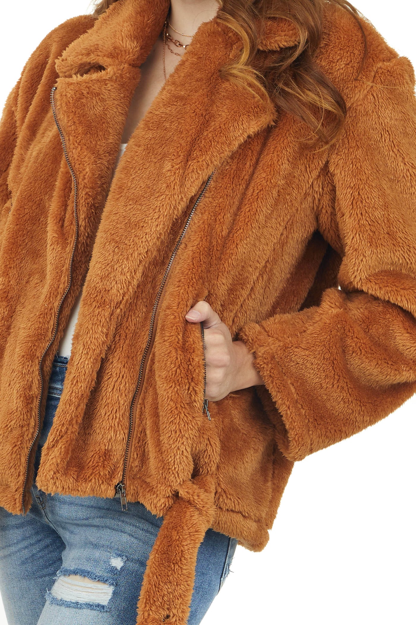 Caramel Faux Fur Zip Up Jacket with Belt Detail