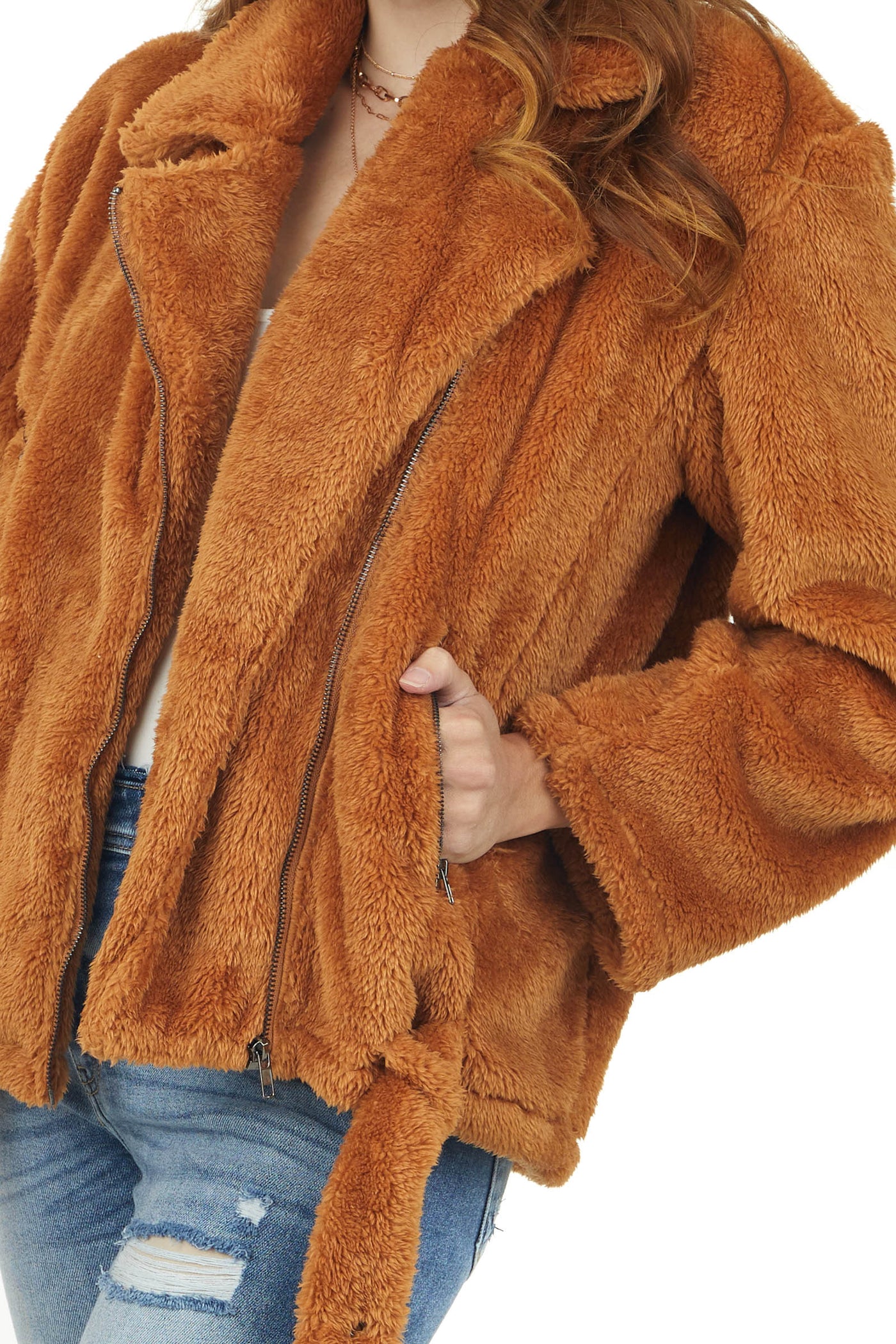 Caramel Faux Fur Zip Up Jacket with Belt Detail Lime Lush Boutique