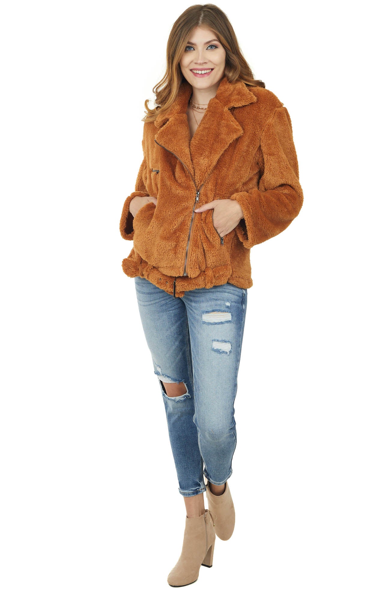 Caramel Faux Fur Zip Up Jacket with Belt Detail Lime Lush Boutique