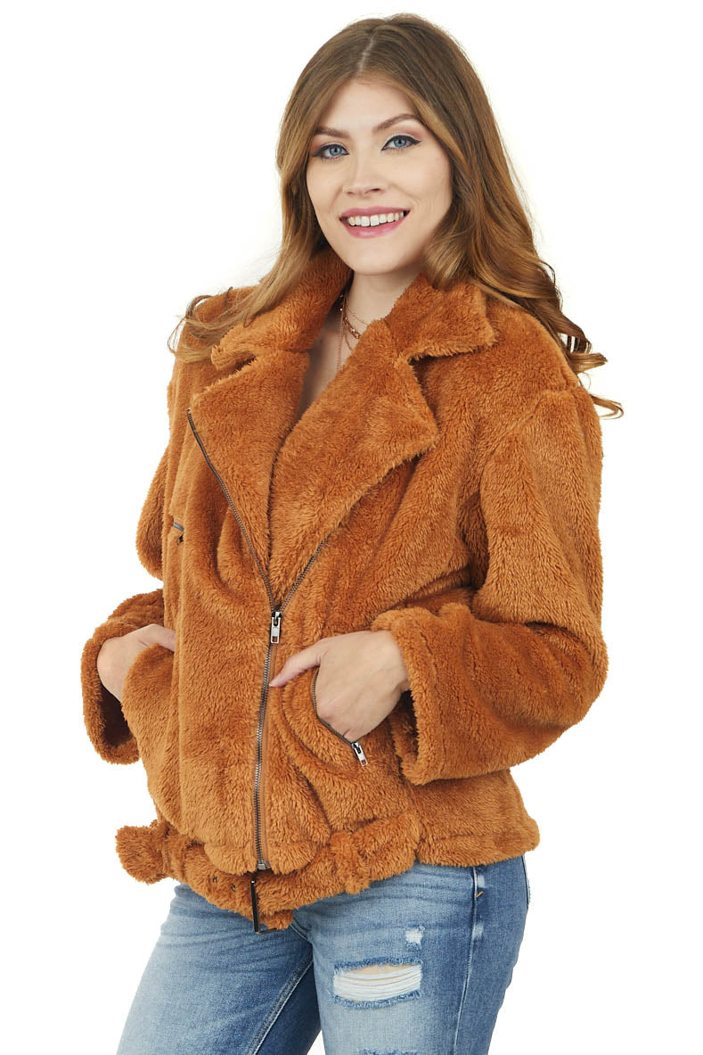 Caramel Faux Fur Zip Up Jacket with Belt Detail