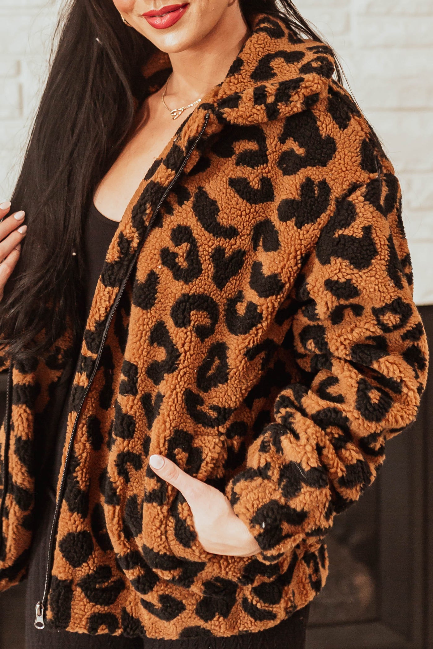 Caramel Leopard Print Zip Up Sherpa Jacket