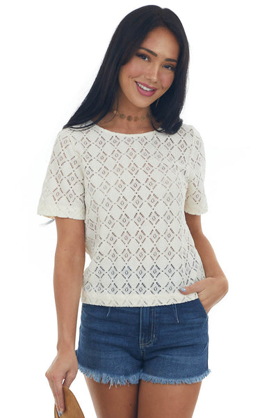 Champagne Crochet Lace Short Sleeve Woven Top