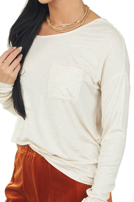 Champagne Long Sleeve Knit Top with Chest Pocket