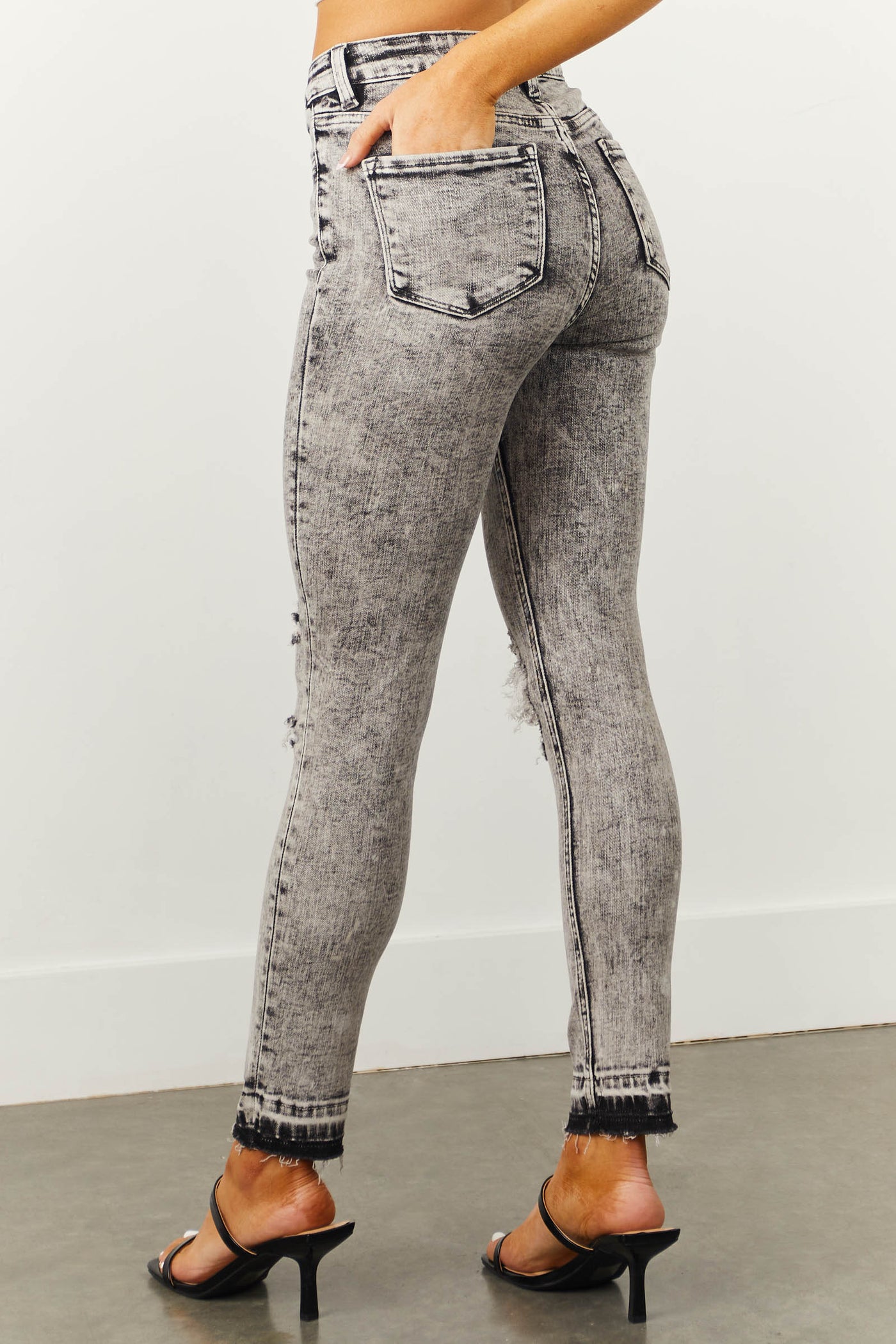 Charcoal Acid Wash High Rise Torn Skinny Jeans