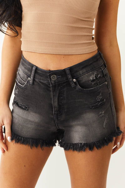 Charcoal High Waisted Frayed Hem Denim Shorts